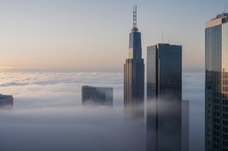 very wide shot,distant screen,eye-level,many buildings in white fogs outside window,buttom-up,perspective