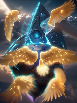 A flying weirdly shaped rock surrounded wings, big wings in the foreground, celestial, angelic divine ball, eyes texture, too many eyes, too many wings in it, covered in eyes, heaven, dramatic light, epic scene, barroque. Masterpiece, highly detailed, well made, trending on artstation.