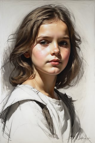 Masterpiece, highest quality, extreme clarity, dreamwave, aesthetic, portrait: girl-childrend 2 years old, open look (looks into the eyes), charming half-smile, short brown hair, sketch, ruler, pencil, white background, portrait of Alexanov, Style of Nikolai Feshin, art oil painting, charcoal \ (medium \