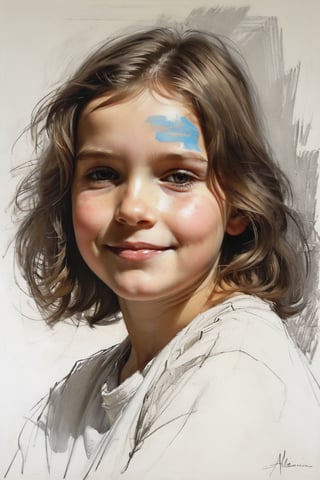 Masterpiece, highest quality, extreme clarity, dreamwave, aesthetic, portrait: girl-childrend 2 years old, open look (looks into the eyes), smiling charming , short brown hair, sketch, ruler, pencil, white background, portrait of Alexanov, Style of Nikolai Feshin, art oil painting, charcoal \ (medium \