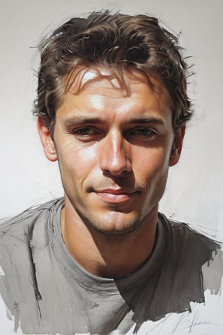 Masterpiece, best quality, dreamwave, aesthetic, portrait: 1 husband 29 years old and 1boy- chield 2 years old, open look, (looking into the eyes), t-shirt grey, smiling charmingly, short brown hair, sketch, lineart, pencil, white background, portrait by Alexanov, Style by Nikolay Feshin, artistic oil painting stick,charcoal \(medium\),