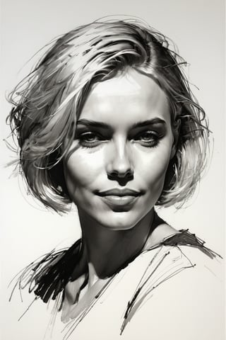 Masterpiece, best quality, dreamwave, aesthetic, 1woman, open look, (looking into the eyes), smiling charmingly sexy, short blonde hair, bob hairstyle,   sketch, lineart, pencil, white background, portrait by Nikolay Alexanov, Style by Nikolay Feshin, artistic oil painting stick,charcoal \(medium\),