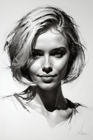 Masterpiece, best quality, dreamwave, aesthetic, 1woman, open look, (looking into the eyes), smiling charmingly sexy, short blonde hair, bob hairstyle,  t-shirt,  sketch, lineart, pencil, white background, portrait by Nikolay Alexanov, Style by Nikolay Feshin, artistic oil painting stick,charcoal \(medium\),