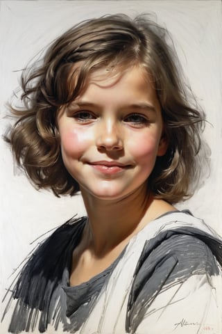 Masterpiece, highest quality, extreme clarity, dreamwave, aesthetic, portrait: girl-childrend 2 years old, open look (looks into the eyes), smiling charming , short brown hair, sketch, ruler, pencil, white background, portrait of Alexanov, Style of Nikolai Feshin, art oil painting, charcoal \ (medium \