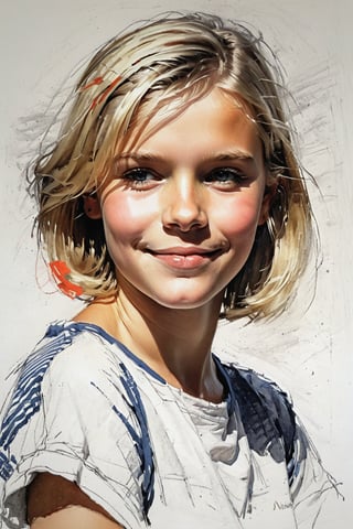 Masterpiece, best quality, dreamwave, aesthetic, 1girl-chield 9 years old, open look, (looking into the eyes), smiling charmingly sexy, short blonde hair, bob hairstyle,  t-shirt,  sketch, lineart, pencil, white background, portrait by Nikolay Alexanov, Style by Nikolay Feshin, artistic oil painting stick,charcoal \(medium\),