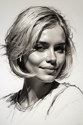 Masterpiece, best quality, dreamwave, aesthetic, 1woman, open look, (looking into the eyes), smiling charmingly sexy, short blonde hair, bob hairstyle,  t-shirt,  sketch, lineart, pencil, white background, portrait by Nikolay Alexanov, Style by Nikolay Feshin, artistic oil painting stick,charcoal \(medium\),