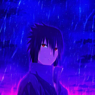 profile,side view,looking up,close-up:1.2,Sasuke Uchiha,black hair,spiky hair,red eyes,sharingan,smile,purple theme:1.1,aura,aura body,night,night sky,moon,raining,raining at night,vibrant colors,(night wallpaper),master piece,vibrant colors,anime wallpaper,8k,high quality,high_res,crows,flying,crows flying:1.2,Visual Anime