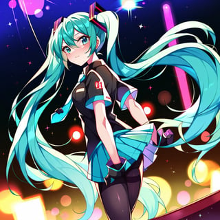 score_9,score_8,score_7,source_xt,Hatsune Miku,1girl,looking at viewer,solo,long hair,very long hair,twintails,aqua hair,aqua eyes,closed mouth,black shirt,necktie,short sleeves,gloves,skirt,miniskirt,pleated skirt,blue skirt,pantyhose,black pantyhose,concert stage,lights