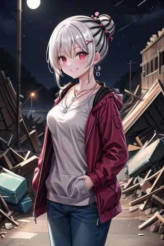 1 girl, alone, breasts, looking at viewer, sadistic smile, bangs, hair ornament, red eyes, jewelry, medium breasts, standing, collarbone, white hair, large side locks, outdoors, night, hairpin, necklace, hair clips, white hair ornament, hair up, hair in a bun, battlefield, rubble, bright eyes, bitonal hair (black and white stripes), hair in a bun, black lines in hair, single hair bun