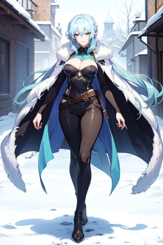 long hair, bangs, blue eyes, hair between eyes, blue hair, loose hair, looking at viewer, best quality, high resolution, perfect lighting, detailed fingers, flirty smile, long loose hair, big chest, adult woman, blue armor and blaca, full body armor, no cape, fur trim, pants with belt, black shirt, black pants, covering his entire body, blue gem on the chest, snowy background