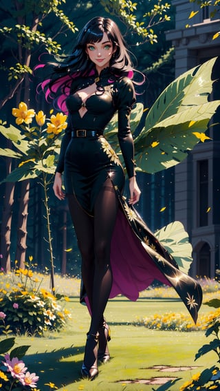 whole body, black pantyhose,((masterpiece)), (best quality), (cinematic), a woman in a long dress, in a flower feild, posing, long black hair, bangs, full body, green eyes, wind, detailed face, detailed body, (cinematic, colorful), (extremely detailed), smiling, ,glitter,shiny, facing viewer