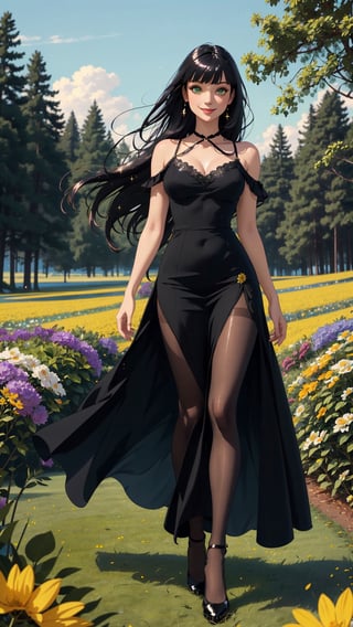 whole body, black pantyhose,((masterpiece)), (best quality), (cinematic), a woman in a long dress, in a flower feild, posing, long black hair, bangs, full body, green eyes, wind, detailed face, detailed body, (cinematic, colorful), (extremely detailed), smiling, ,glitter,shiny, facing viewer