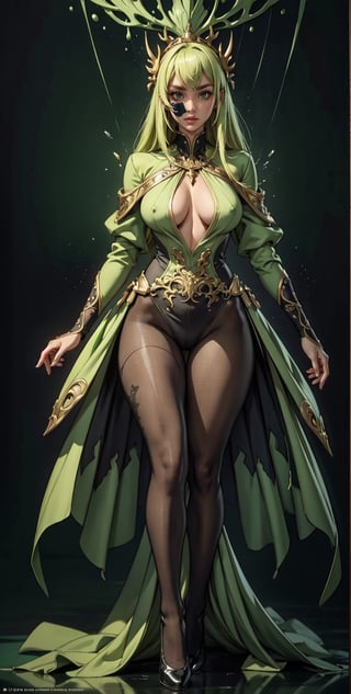 green cloths, black pantyhose, excitement, symmetry, perfect composition, surreal, hyper detailed, 8k, high quality, front view, epic instagram, artstation, hyper detailed intricate detail, unreal engine, intricate detail, splash screen, complementary colors, concept art, 8k , heavy strokes, splash art, full height, full body focus,dynamic poses,body stocking