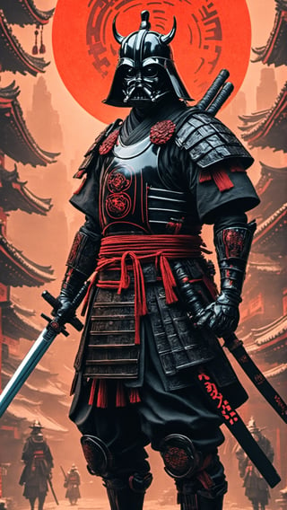 (8k uhd, masterpiece, best quality, high quality, absurdres, ultra-detailed, detailed background), (full body:1.4), (a Japanese Darth Vader samurai with great sword, walking across a bunch of Japanese stormtroopers samurai), (beautiful, aesthetic, perfect, delicate, intricate:1.2), (color scheme: black), (size and shape of great sword: Daishō, massive and double-edged), (type of armor: oni style helmet, black eyes, bone and leather), (environment: ancient Japan street, outside, cyberpunk, Cyberpunk,), perspective: slightly low angle to emphasize the warrior's power, lighting: dramatic, with a spotlight illuminating the warrior's face and sword, (depth of field: shallow, with the warrior in sharp focus and the fiery background slightly blurred), cyborg style,Movie Still, cyborg,steampunk style