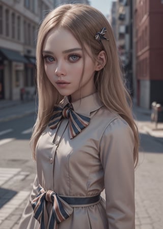 (looking at viewer),(cowboy shot dynamic sexy pose:1.22), M3GEN/(Robot Girl/), 1girl, solo, long hair, blonde hair, slim:1.1, realistic, blurry, grey eyes, bow, photo inset, upper body, bowtie, parted lips, ribbon, lips, detailed shiny skin,perfect and very white teeth,
finely detailed beautiful eyes,Ultra-fine facial detail,eyelashes,Glossy pink lips, (detailed city streets background:1.4), outdoors, (day:1.33), depth of field,intricate,elegant,highly detailed,digital photography,masterpiece,hdr,
