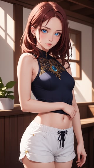 (masterpiece, best quality), intricate details, medium breast, small waist, dark red hair, blue eyes, beautiful face, perfect illumination, beautiful detailed eyes,looking at viewer, stunningly beautiful woman, detailed hairstyle, detailed background,shorts, detailed fantasy background, (sweat:1)
