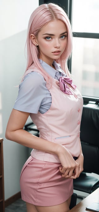 beautifull woman in a pink office uniform with white hair in the air,office uniform