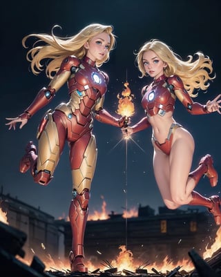 2girls twin sisters, both fighting pose, (masterpiece, top quality, 8K), detailed skin texture, detailed cloth texture, beautiful detailed face, intricate details, ultra Details, both ironman uniform, shine body,swaying middle hair, both blonde hairs, (full body: 1.1), (shy smile),jet flame bursting out from  both hands, jumping up,shining lighting, destroyed city background, evil robot standing,Detailedface,glitter,AGGA_ST002