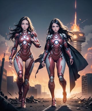 2girls twin sisters, both fighting pose, (masterpiece, top quality, 8K), detailed skin texture, detailed cloth texture, beautiful detailed face, intricate details, ultra Details, both ironman uniform, shine body,swaying middle hair, (full body: 1.1), (shy smile),jet flame bursting out from  both hands, jumping up,shining lighting, destroyed city background, evil robot standing,Detailedface,glitter,AGGA_ST002