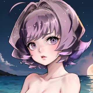 ((top-quality, 8K, masterpiece:1.3)),  swoonify x mistoon_anime, najimi osana,  ((purple hair, violet eyes,  beautiful eyes,  perfect face, close mouth)),  standing in a beach, night, looking at the viewer,  look in love, naked, nude,  cist from the knees up, small breasts, big full moon background, night full of stars, moon reflected in the sea, thigh 