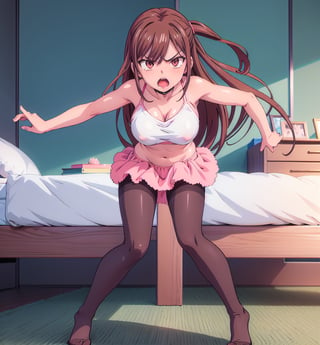 masterpiece, highly detailed, 4K, sharp focus, vibrant colors, sharp focus, best quality, depth of field, cinematic lighting, perfect body, perfect anatomy, full body picture, highly detailed, standing, angry, screaming, attacking the viewer,  a pink very fluffy velvet fur boob top tube, black pantyhose, without shoes, without pants, in a bedroom, brown hair, long hair, , ayane shirakawa(overflow), ((anime style)), fight pose