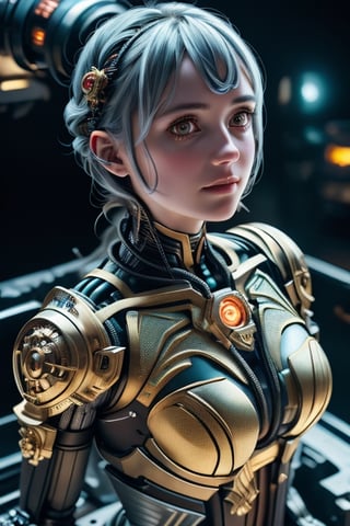 1mechanical girl,((ultra realistic details)), portrait, global illumination, shadows, octane render, 8k, ultra sharp,metal,intricate, ornaments detailed, cold colors, egypician detail, highly intricate details, realistic light, trending on cgsociety, glowing eyes, facing camera, neon details, machanical limbs,blood vessels connected to tubes,mechanical vertebra attaching to back,mechanical cervial attaching to neck,sitting,wires and cables connecting to head,  comic style