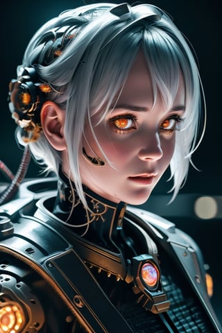 1mechanical girl,((ultra realistic details)), portrait, global illumination, shadows, octane render, 8k, ultra sharp,metal,intricate, ornaments detailed, cold colors, egypician detail, highly intricate details, realistic light, trending on cgsociety, glowing eyes, facing camera, neon details, machanical limbs,blood vessels connected to tubes,mechanical vertebra attaching to back,mechanical cervial attaching to neck,sitting,wires and cables connecting to head,  comic style