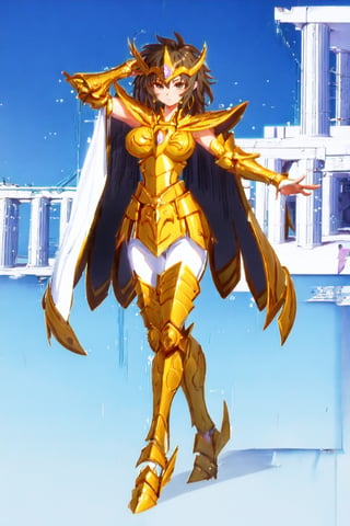 absurdres, highres, ultra detailed,Insane detail in face,  (nsfw, girl,  big breasts), Gold Saint, Saint Seiya Style, (((Gold Armor))), Full body armor, no helmet, Zodiac Knights, (((white long cape))), black hair, Asian Fighting style pose, gold gloves, long hair, long white cape, messy_hair, black eyes, full body armor, beautiful old greek temple in the background, full leg armor,,bg_imgs,  bare_shoulder