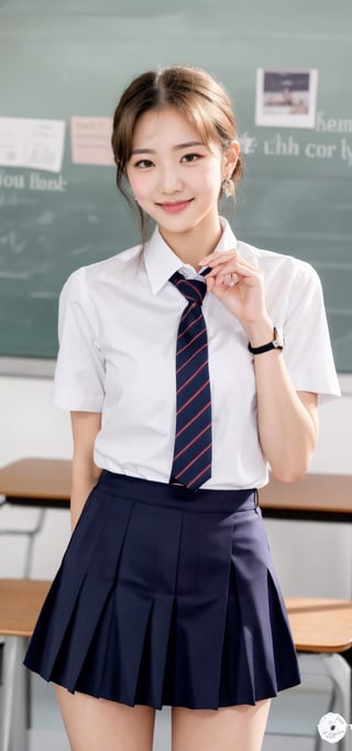 (masterpiece, best quality, ultra-detailed, 8K, ), high detail, 

South Korea school uniform, summer school uniform shirt, ribbon tie, skirt, bright blonde hair, school classroom,reading book,chest thrust pose, 8k original photo, high resolution, 16-year-old Korean cool, tiny round breasts, beautiful eye details, long eyelashes, beautiful double eyelids, eye shadow, eyeliner, three white eyes, smile, beautiful very thin legs, beautiful very thin thighs, random medium hair, hair tied behind the head, aqua_earrings,school uniform