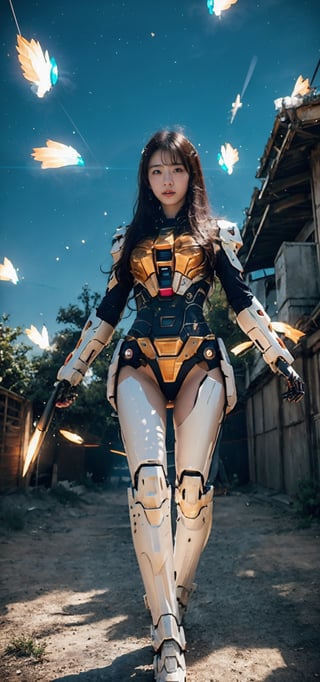 (masterpiece, best quality, ultra-detailed, 8K, ), high detail, 

 1girl, floating on sky,  flying,  full_body, mechanical, metal, suit, gun, outdoor, thematic background, neon, glow, fluttering symbols, | depth of field, bokeh, | smooth detailed shadows, hyperealistic shadows, (saturated color) | ,mecha_musume, ,mechanical,bg_imgs