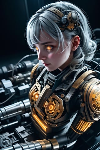 1mechanical girl,((ultra realistic details)), portrait, global illumination, shadows, octane render, 8k, ultra sharp,metal,intricate, ornaments detailed, cold colors, egypician detail, highly intricate details, realistic light, trending on cgsociety, glowing eyes, facing camera, neon details, machanical limbs,blood vessels connected to tubes,mechanical vertebra attaching to back,mechanical cervial attaching to neck,sitting,wires and cables connecting to head,  comic style