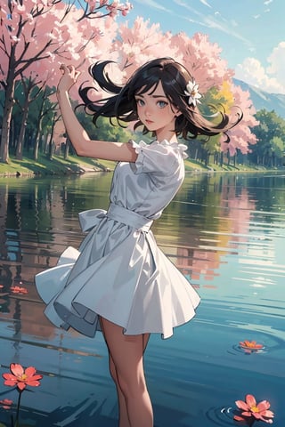 ((masterpiece,best quality)), high res,, solo female, random color, random pose, complex colour,, comic style,  flower,  dress floating,  lake