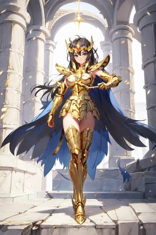 absurdres, highres, ultra detailed,Insane detail in face,  (nsfw, girl,  big breasts), Gold Saint, Saint Seiya Style, (((Gold Armor))), Full body armor, no helmet, Zodiac Knights, (((white long cape))), black hair, Asian Fighting style pose, gold gloves, long hair, long white cape, messy_hair, black eyes, full body armor, beautiful old greek temple in the background, full leg armor,,bg_imgs,  bare_shoulder