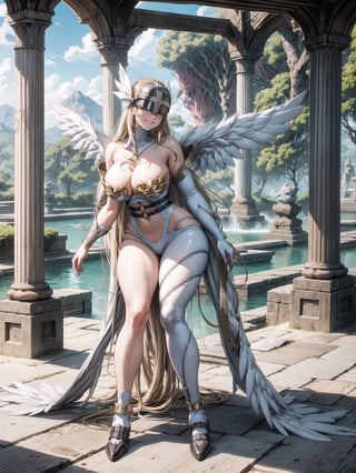 angewomon, gigantic breasts, wearing metallic visor on the face, dark blonde hair, hair with bangs in front of the eyes, (looking at the viewer), (((sensual pose+Interacting+leaning on anything+object+leaning against))), in an ancient temple in a waterfall on top of the mountains at night, with many structures, altars with ancient writings, large statues of ancient gods, 16K, UHD, (full body:1.5), unreal engine 5, quality max, max resolution, ultra-realistic, ultra-detailed, maximum sharpness, ((perfect_hands)), ((perfect_legs)), Goodhands-beta2, ((angewomon, metallic visor on the face, gigantic breasts)), ANIME_angewomon,ANIME_angewomon,aiwaifu,angel_wings