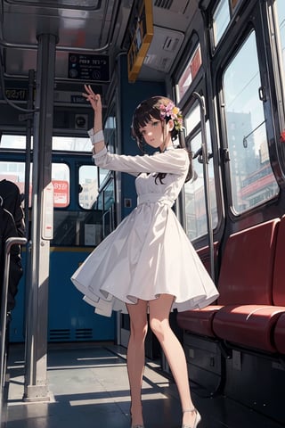 ((masterpiece,best quality)), high res,, solo female, random color, random pose, complex colour,, comic style,,  bus,  flower,  dress floating