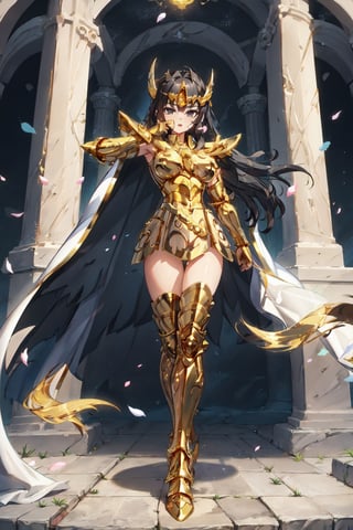 absurdres, highres, ultra detailed,Insane detail in face,  (nsfw, girl,  big breasts), Gold Saint, Saint Seiya Style, (((Gold Armor))), Full body armor, no helmet, Zodiac Knights, (((white long cape))), black hair, Asian Fighting style pose, gold gloves, long hair, long white cape, messy_hair, black eyes, full body armor, beautiful old greek temple in the background, full leg armor,,bg_imgs,  bare_shoulder