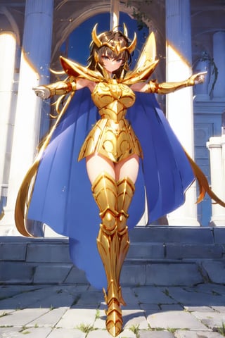 absurdres, highres, ultra detailed,Insane detail in face,  (nsfw, girl,  big breasts), Gold Saint, Saint Seiya Style, (((Gold Armor))), Full body armor, no helmet, Zodiac Knights, (((white long cape))), black hair, Asian Fighting style pose, gold gloves, long hair, long white cape, messy_hair, black eyes, full body armor, beautiful old greek temple in the background, full leg armor,,bg_imgs,  bare_shoulder