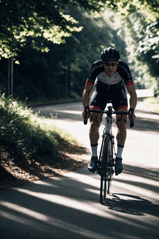 A cyclist riding fast on a road bike, intricate, elegant, sharp focus, photo by greg rutkowski, soft lighting, vibrant colors, masterpiece