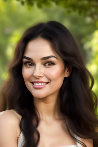 A detailed photograph of a woman with long, curly black hair that cascades to the middle of her back. Her forehead is moderately broad, with slightly arched and bushy eyebrows, following the elegant shape of Brooke Shields. Her eyes, large and almond-shaped, have a lovely honey hue, known as "Ojos Tapatios" in Mexico. Her cheeks display subtly marked cheekbones, with dimples that appear when she smiles. Her small, ball-shaped nose adds a charming touch to her face. Her moderately sized mouth features full lips and a small cleft in her chin when she smiles.

The woman's pose captures a natural smile, with light makeup enhancing her authentic beauty. In the background, a natural panorama with trees and flowers unfolds, creating an elegant but casual atmosphere.