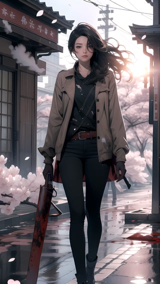 full body,Blood Mist, background_Urban rooftop,1 girl,despair,blood sakura,((masterpiece)), (((best quality))), ((ultra-detailed)), ((illustration)), ((disheveled hair)),Blood Cherry Blossom,torn clothes,crying with eyes open,solo,Blood Rain,bandages,Gunpowder smoke,beautiful deatailed shadow, Splashing blood,dust,tyndall effect