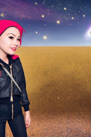 Ramona_Flowers,short hair,black eyes,1girl, solo, Large breasts,looking at viewer,smile,BREAKgoggles on head, hoodie,grey jacket,long sleeves,shoulder bag,star (symbol),belt,denim skirt,purple pantyhose,(galaxy background,star \(sky\),sky, space, starry sky, galaxy, wide-eyed:1.3),from above, , 1girl