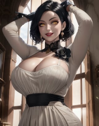 Alcina,yellow eyes,black hair,short hair,white dress,single earring,cleavage,black gloves,veiny,upper body,standing,curvy,arms up,covered nipples,see-through shirt,castle,indoors,night,looking at viewer,smile,(insanely detailed, beautiful detailed face, beautiful detailed eyes, masterpiece, best quality),solo,,alcina,dimitrescu