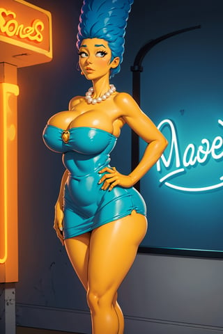 (masterpiece, best quality:1.2), marge simpson, 1girl, solo,gigantic breasts, huge breasts, dress, black eyes, cleavage dress, jewelry, necklace, strapless, short mini dress, strapless dress, pearl necklace, blue hair, yellow skin, bar (place), neon lights, standing, hands on hips, (hourglass_figure) , wide hips