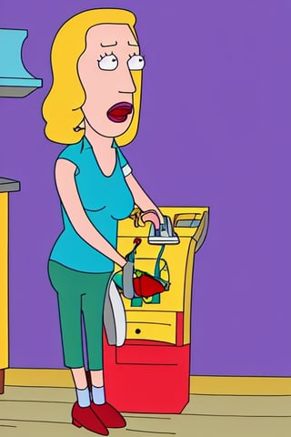  beth smith, 1girl, cartoon, simple, red shirt, blue pants, shocked, surprised, cleavage, huge breasts,  ,Beth Smith