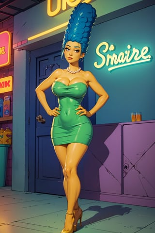 (masterpiece, best quality:1.2), marge simpson, 1girl, solo, breasts, gigantic breasts, dress, black eyes, cleavage bubbling over dress, jewelry, necklace, strapless, short green dress, strapless dress, pearl necklace, blue hair, yellow skin, bar (place), neon lights, standing, hands on hips, full body in picture , instagram username