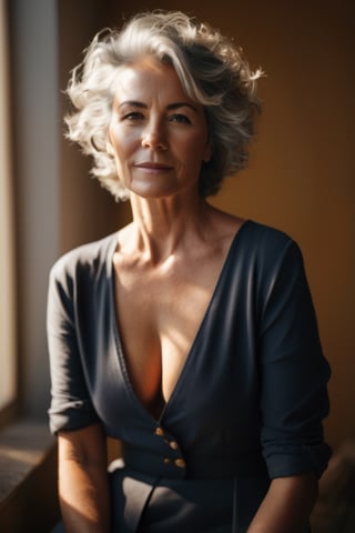 1girl, 55 year old woman
freckle
cleavage, gray hair,
full body view, wide angle shot
sunlight, warm
shadow
dramatic lighting
 ( lofi, messy, , photography, photorealism, portraits, bokeh )
(by Jamie Hawkesworth Janek Sedlar )