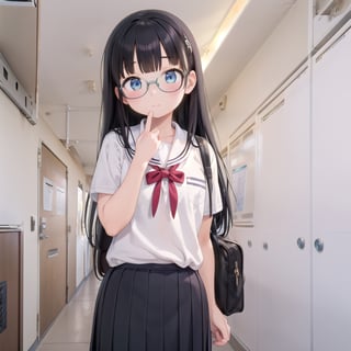 best quality, ultra-detailed, illustration,rouka, hallway, door, ceiling light, 1girl, solo, glasses, black hair, long hair, blush, looking at viewer, standing, school uniform, school bag,  , scenery