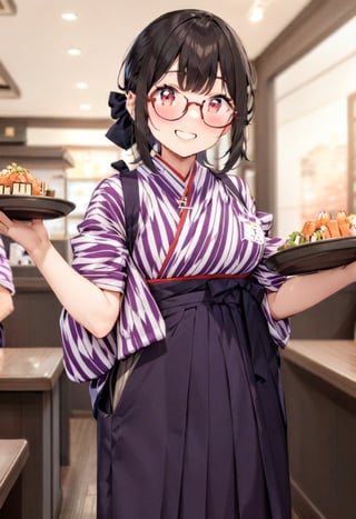 masterpiece, best quality, very aesthetic, absurdres, cute, 1girl, solo , glasses, black hair, medium hair, smile, looking at viewer, happy, smile,BMC, yagasuri, japanese clothes, 1girl, smile, waitress, hakama skirt, food, solo focus, real life insert, brown hair, yagasuri,standing, , hakama