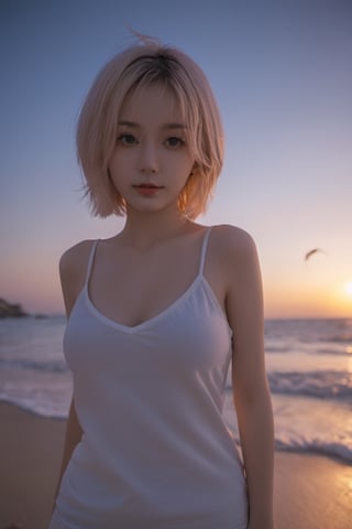 xxmixgirl,1girl, fisheye, selfie, breeze, short_messy_hair, blond_hair, bikini, atmospheric, aesthetics, beach, crowd, dusk, smiling,Xxmix_Catecat,3d style,cutegirlmix