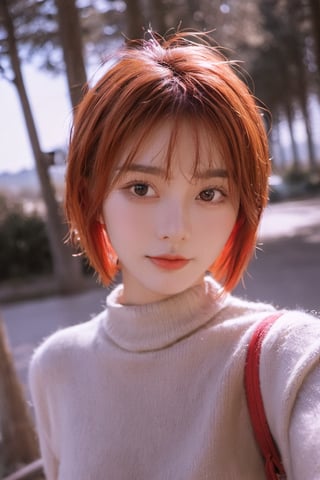 xxmixgirl,1girl, fisheye, selfie, breeze, short_messy_hair, red_hair, fashionable, atmospheric, aesthetics, warm, smiling,Xxmix_Catecat,3d style,cutegirlmix